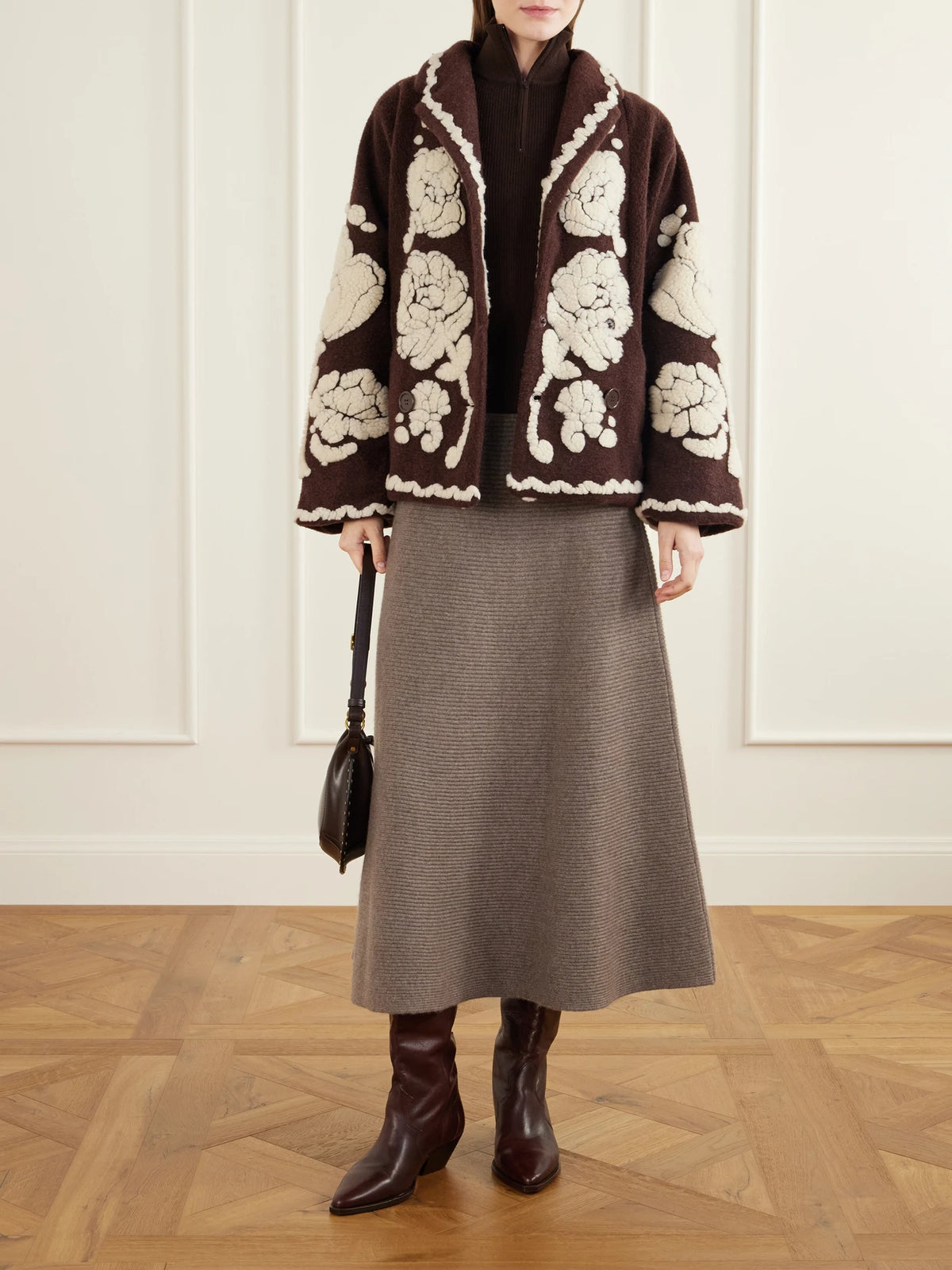 Image of Coats & Jackets. Product name - Double-breasted Floral-appliquéd Brushed Fleece Jacket in Bronze colour by brand - Farm Rio