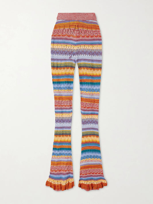 Image of a model wearing Pants. Product name - Striped Open-knit Cotton Straight-leg Pants in Red colour by brand - Etro