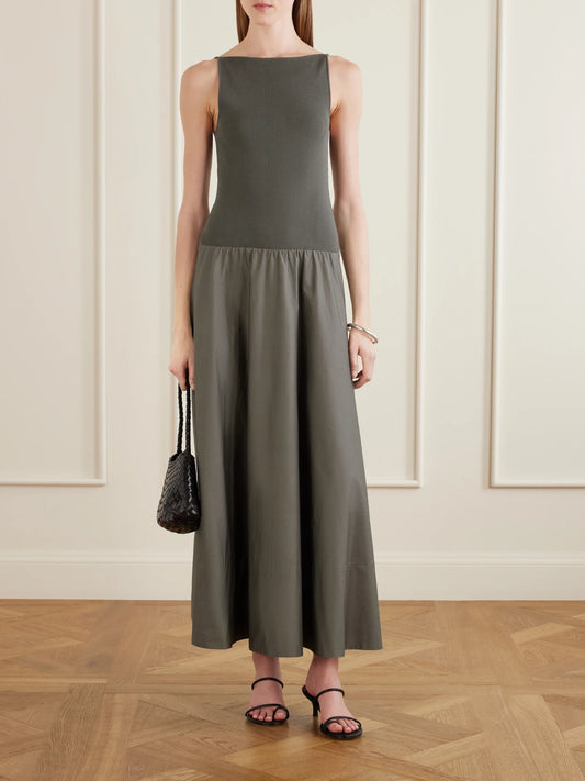 Image of Dresses. Product name - Ribbed Jersey And Cotton-blend Poplin Midi Dress in Gray green colour by brand - ST. AGNI