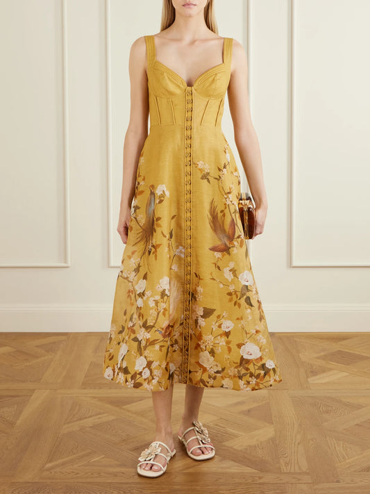 Image of Dresses. Product name - Momentum Corded Floral-print Linen And Silk-blend Woven Midi Dress in Yellow colour by brand - Zimmermann
