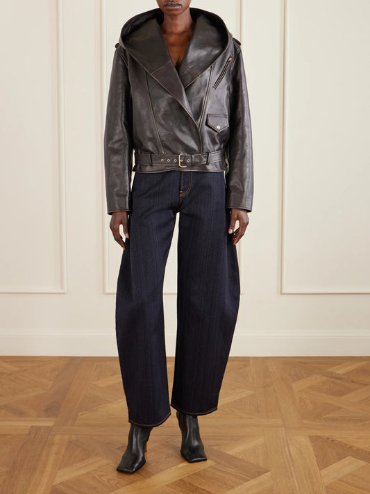 Image of Coats & Jackets. Product name - Belted Leather Biker Jacket in Brown colour by brand - Alaïa