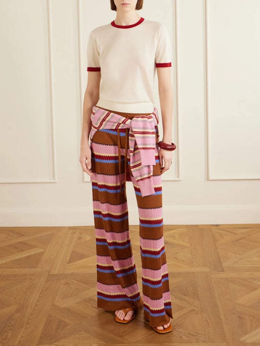 Image of a model wearing Pants. Product name - Palazzo Striped Ribbed Silk And Linen-blend Wide-leg Pants in Pink colour by brand - Guest In Residence