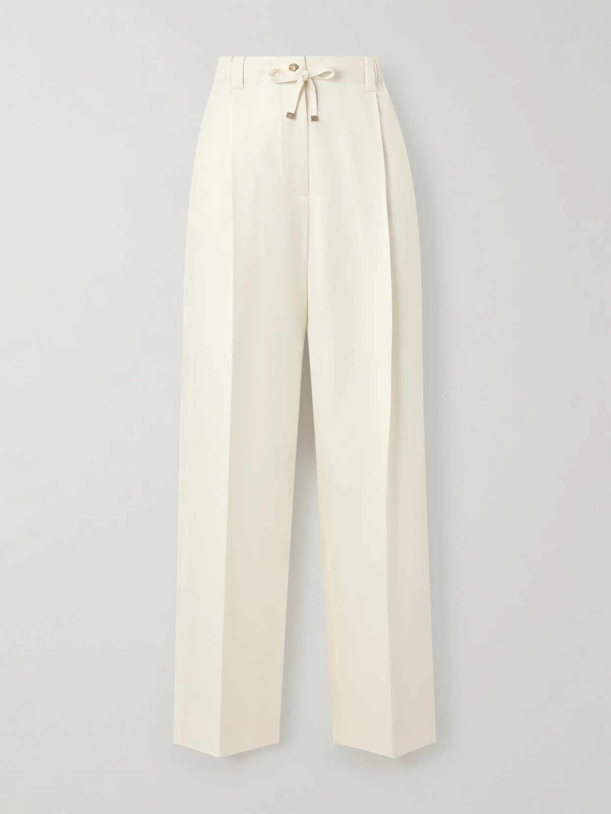 Image of a model wearing Pants. Product name - Pleated Wool-gabardine Wide-leg Pants in Cream colour by brand - Moncler