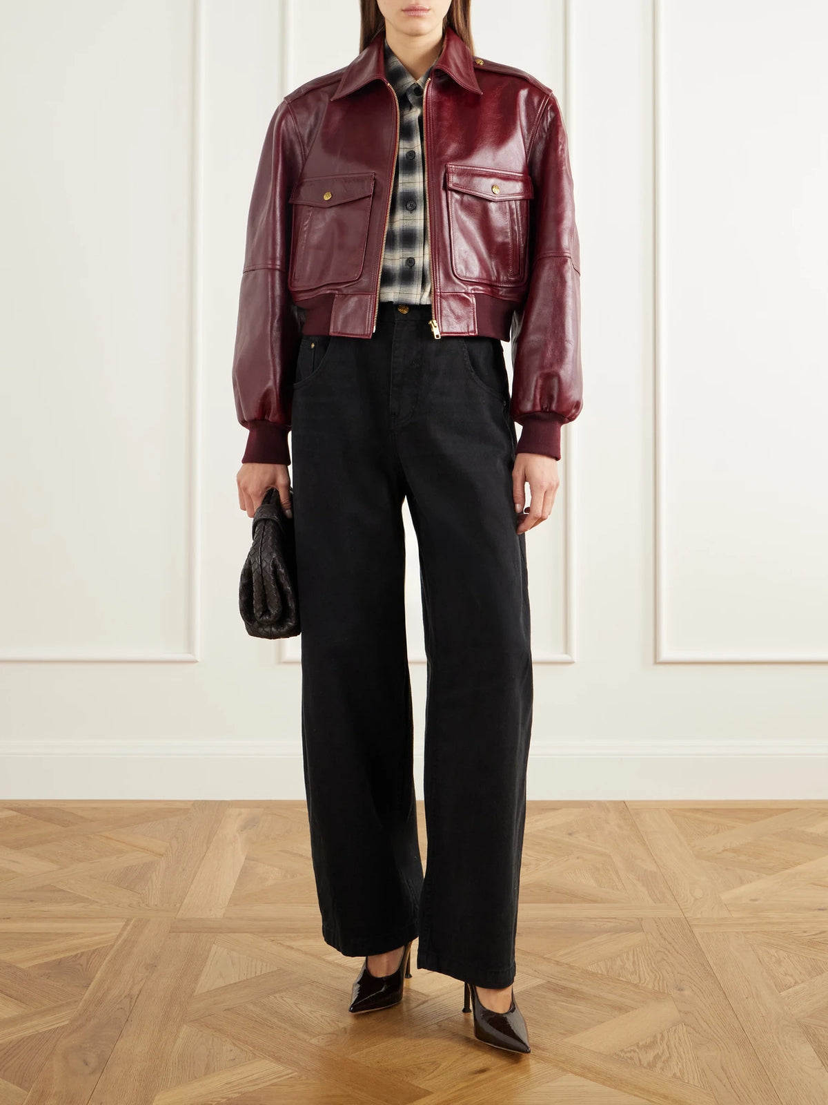 Image of Coats & Jackets. Product name - Cropped Leather Bomber Jacket in Burgundy colour by brand - Willy Chavarria