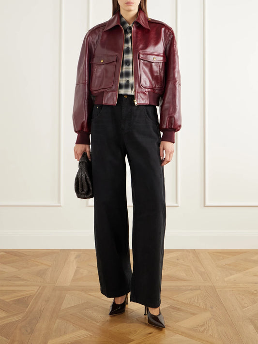 Image of Coats & Jackets. Product name - Cropped Leather Bomber Jacket in Burgundy colour by brand - Willy Chavarria