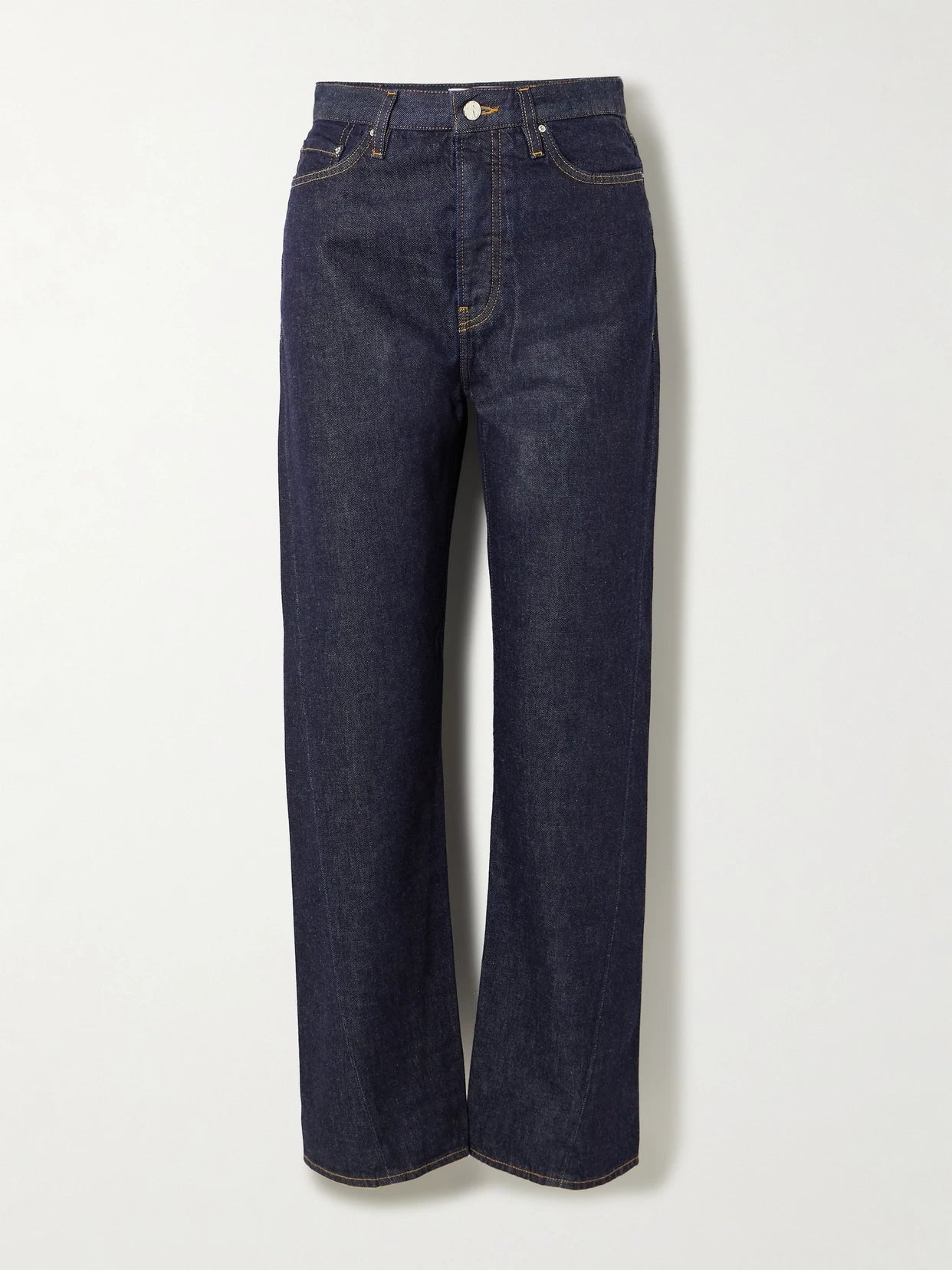 Image of Jeans. Product name - Twisted Seam High-rise Straight-leg Jeans in Navy colour by brand - TOTEME