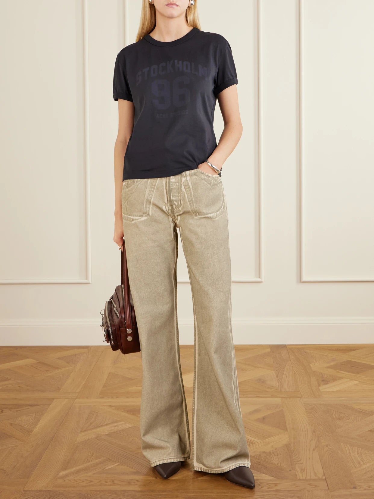 Image of Jeans. Product name - Printed Mid-rise Straight-leg Jeans in Army green colour by brand - Acne Studios