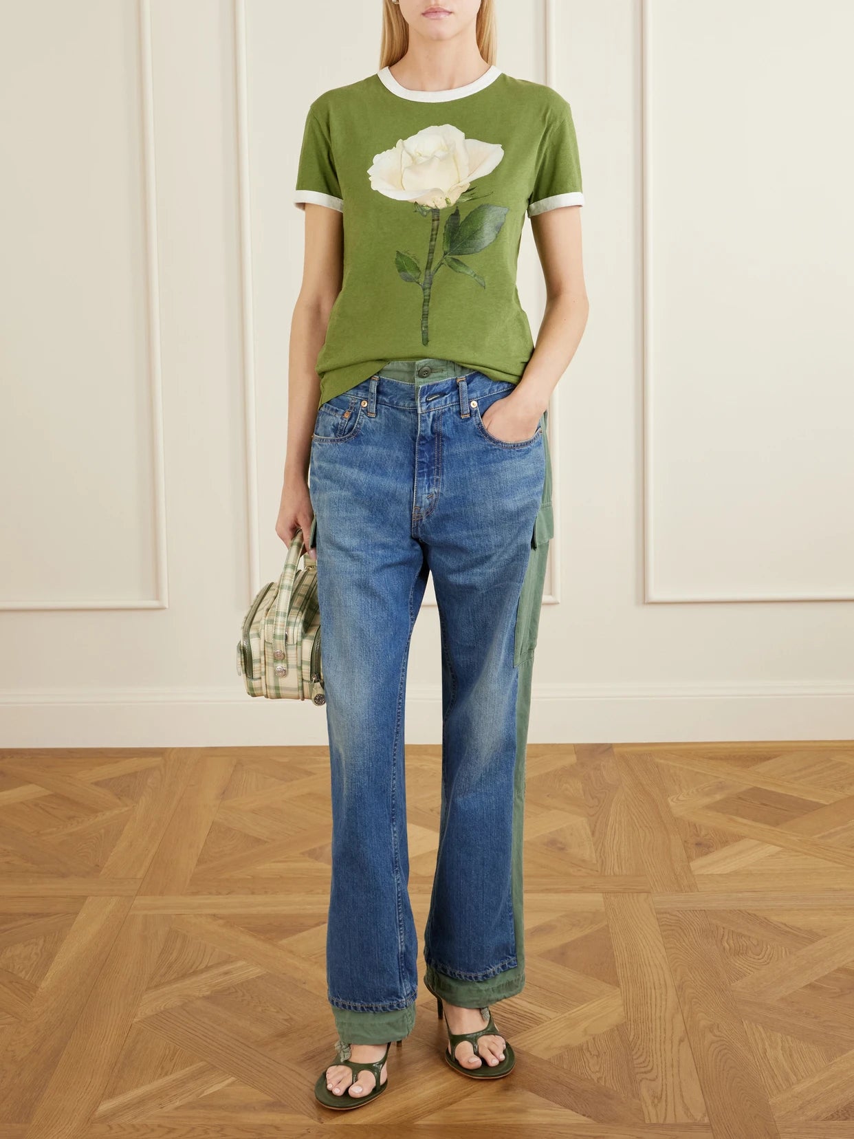 Image of a model wearing Tops. Product name - Etza Printed Cotton And Hemp-blend T-shirt in Green colour by brand - Acne Studios