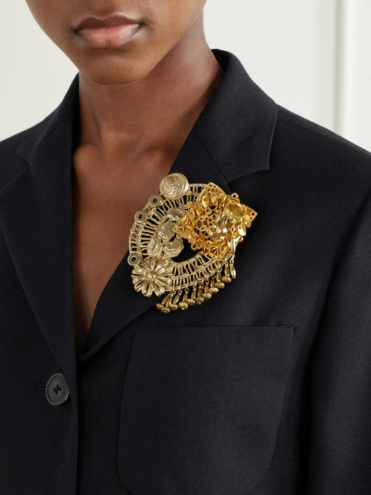 Image of Keychains. Product name - Embellished Gold-tone Brooch in Matte gold colour by brand - Dries Van Noten
