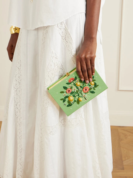 Image of Bags. Product name - Botanical Chic Appliquéd Embroidered Canvas Clutch in Green colour by brand - Olympia Le-Tan