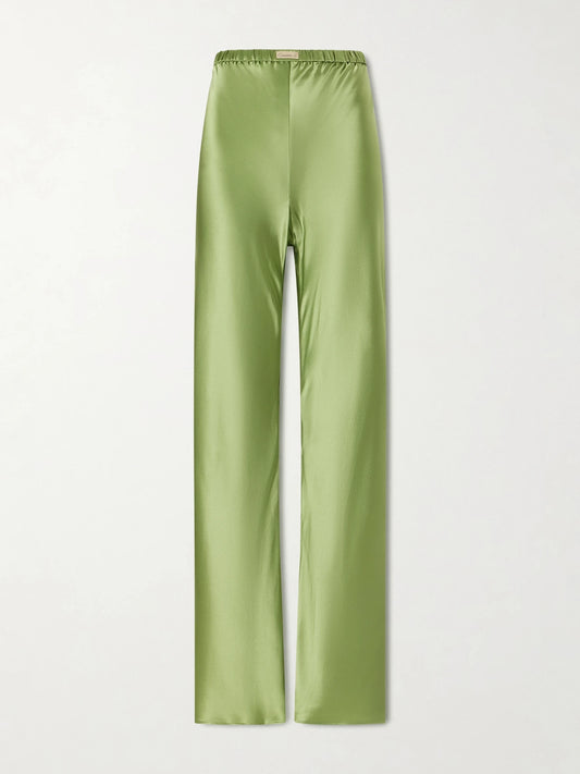 Image of a model wearing Pants. Product name - Silk-bias Straight-leg Pants in Green colour by brand - Comme Si