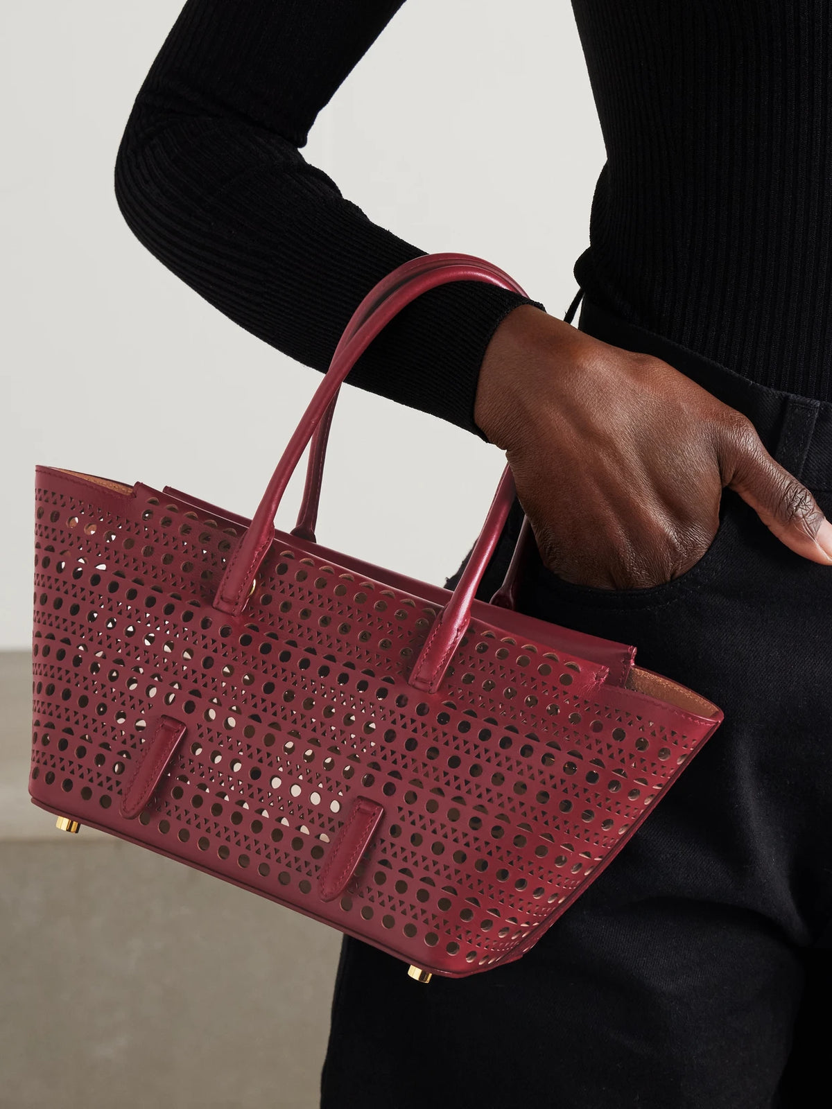 Image of Bags. Product name - New Mina 20 Laser-cut Leather Tote in Burgundy colour by brand - Alaïa