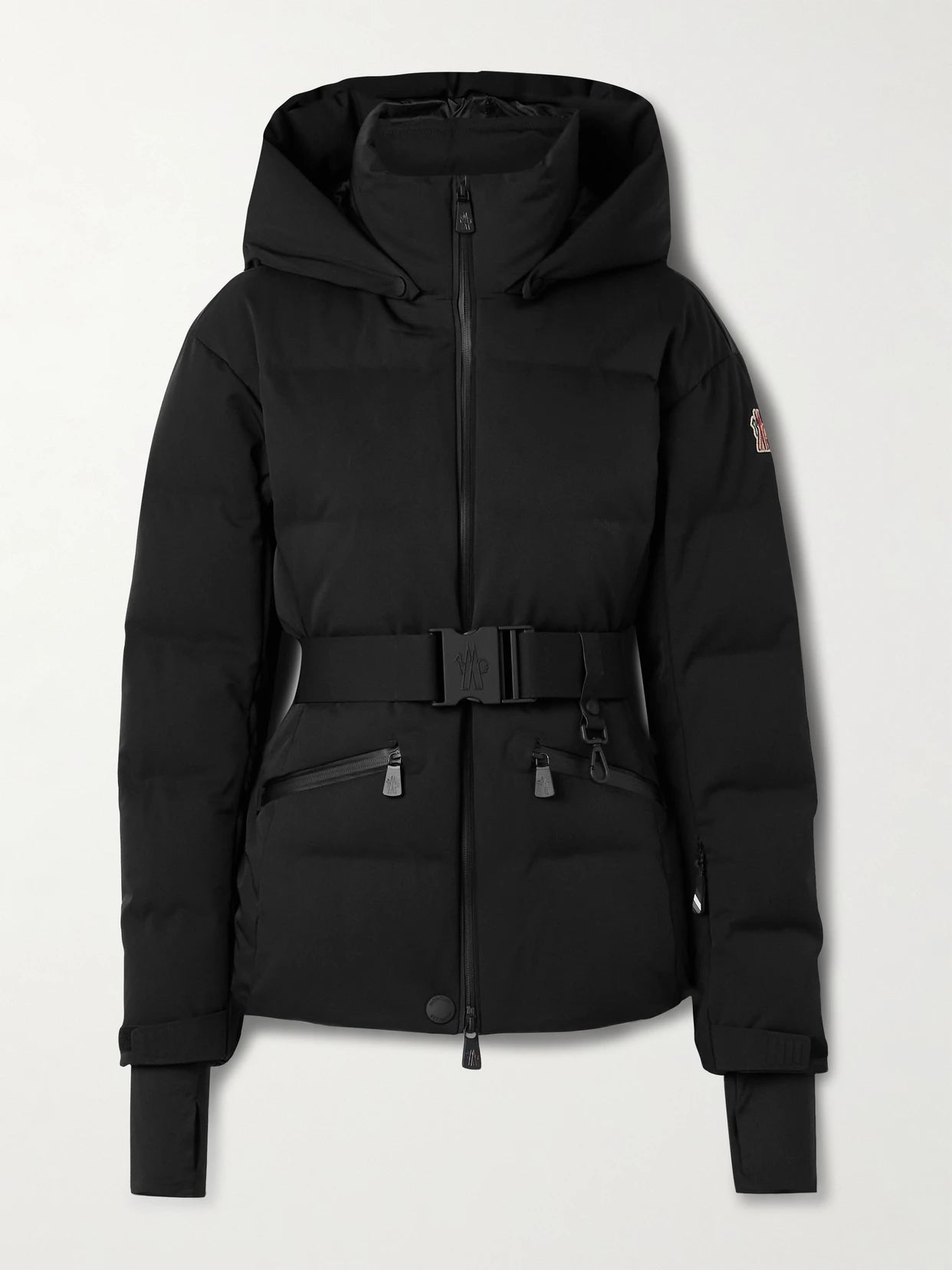 Image of Coats & Jackets. Product name - Tolima Hooded Belted Quilted Down Ski Jacket in Black colour by brand - Moncler Grenoble