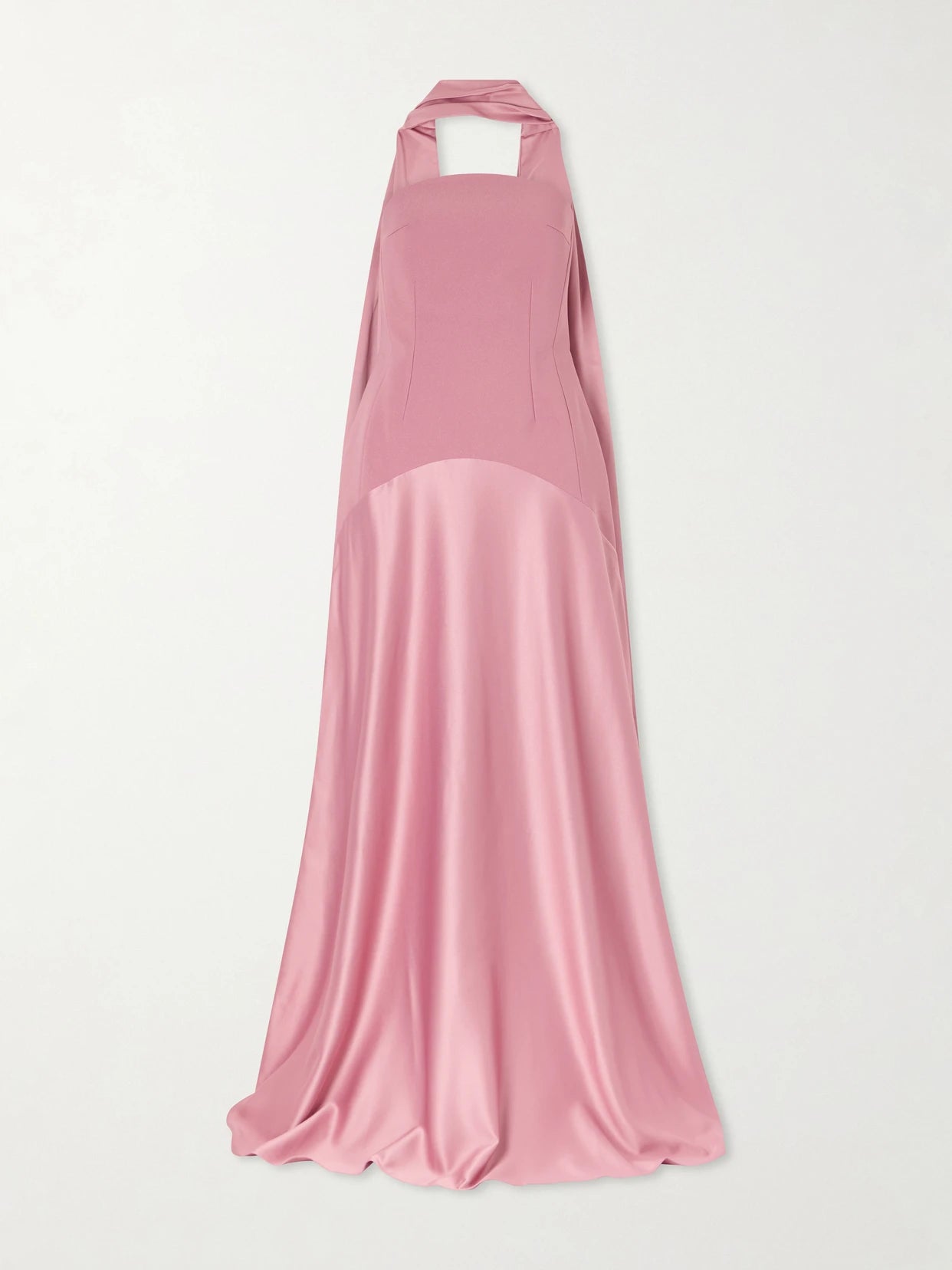 Image of Dresses. Product name - Mae Scarf-detailed Satin-trimmed Crepe Gown in Pink colour by brand - Solace London