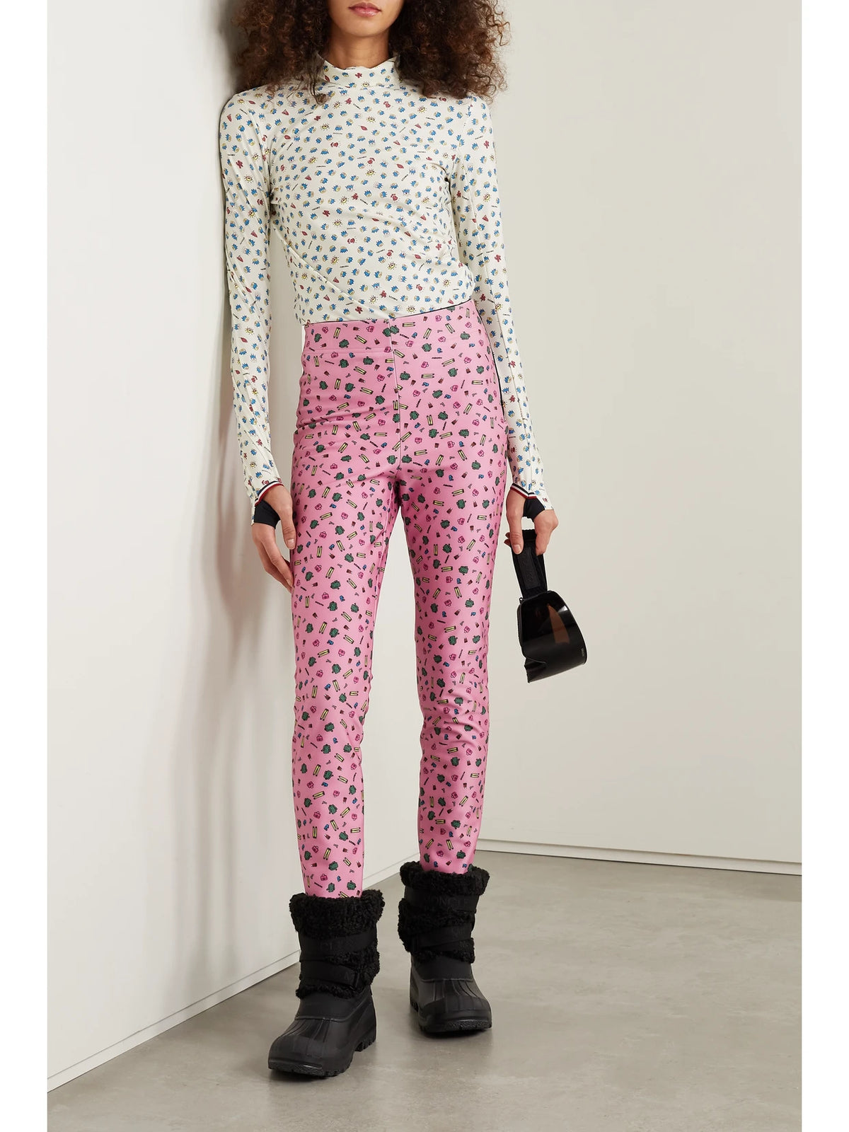 Image of a model wearing Tops. Product name - + 3 Moncler Grenoble Printed Stretch-jersey Stirrup Pants in Pink colour by brand - Moncler Genius