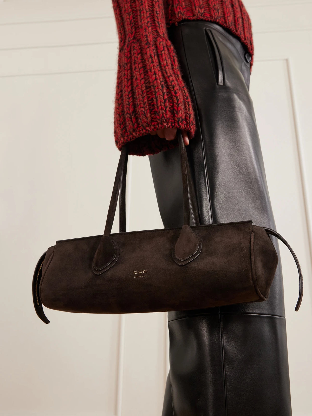 Image of Bags. Product name - Donna Suede Top-handle Bag in Dark brown colour by brand - KHAITE