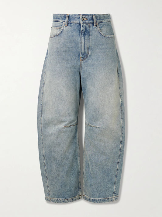 Image of Jeans. Product name - Embroidered High-rise Barrel-leg Jeans in Mid denim colour by brand - LOEWE