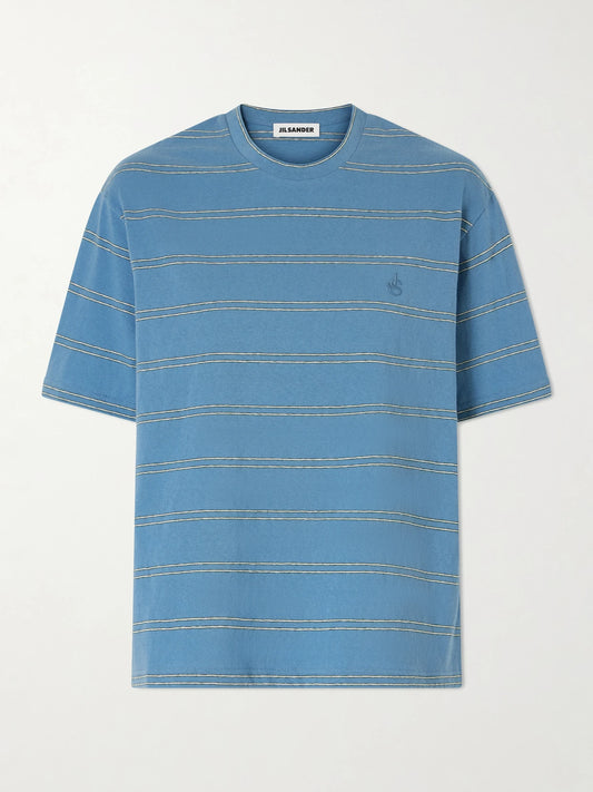 Image of a model wearing Tops. Product name - Logo-embossed Striped Cotton T-shirt in Blue colour by brand - Jil Sander
