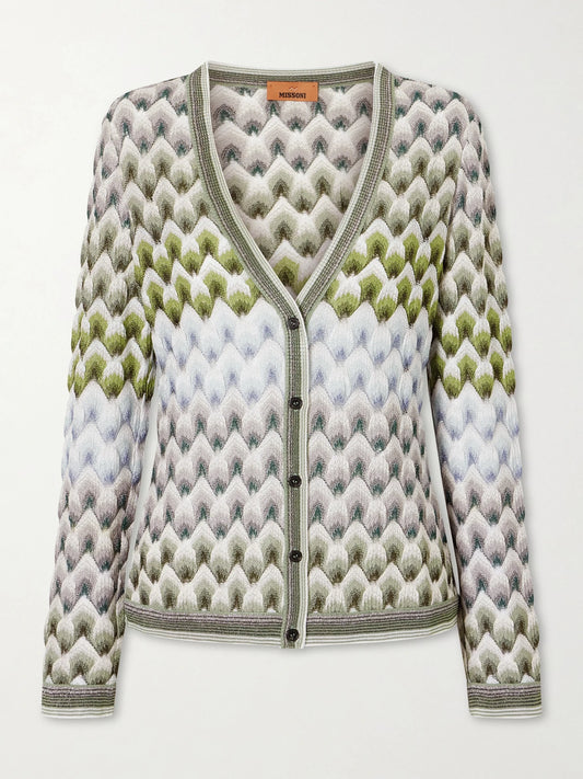 Image of a model wearing Outerwear. Product name - Striped Metallic Crochet-knit Cardigan in Multi colour by brand - Missoni