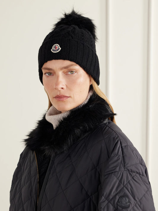 Image of Hats. Product name - Plush-trimmed Wool And Cashmere-blend Beanie in Black colour by brand - Moncler