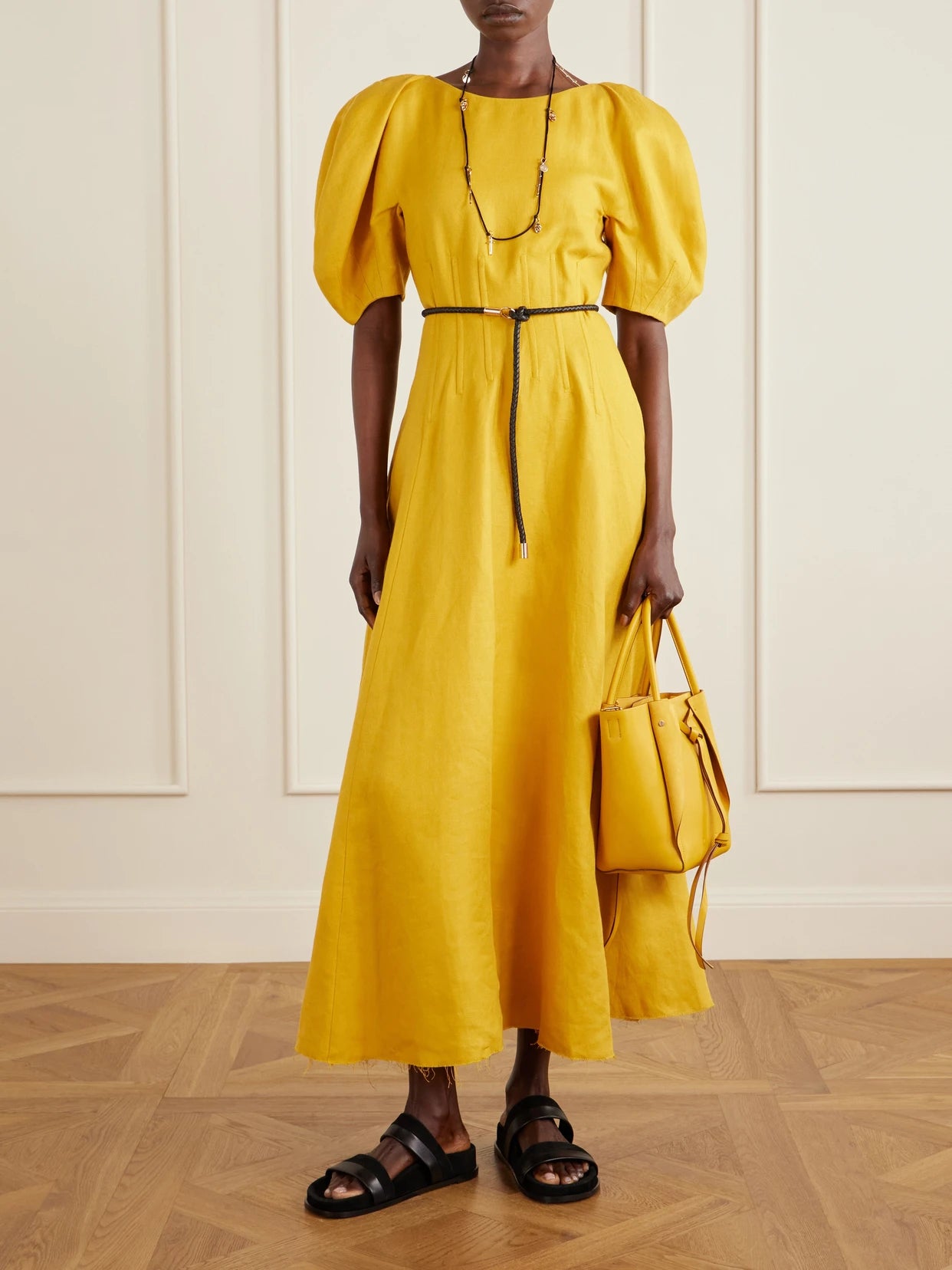 Image of Dresses. Product name - Ranya Linen Midi Dress in Mustard colour by brand - Gabriela Hearst