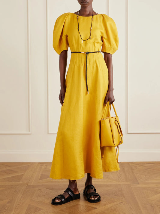 Image of Dresses. Product name - Ranya Linen Midi Dress in Mustard colour by brand - Gabriela Hearst