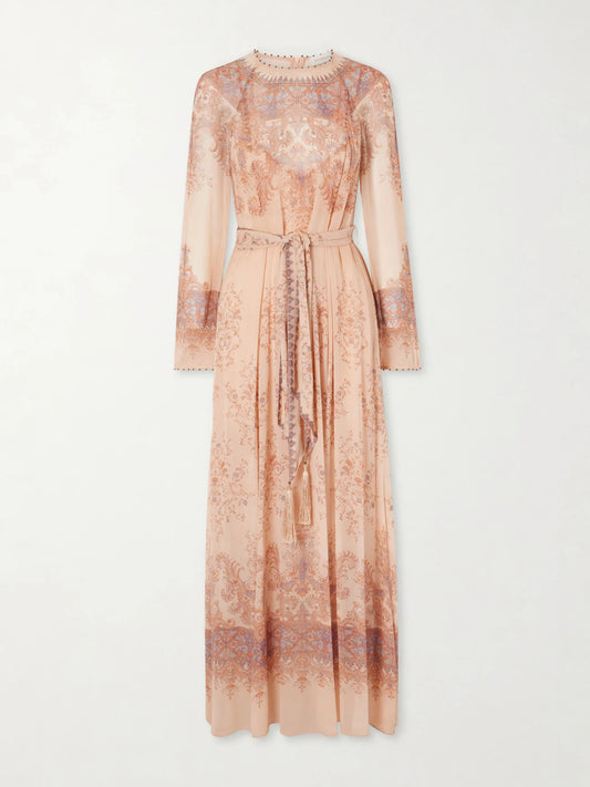 Zimmermann Valiant Sheath Belted Printed Chiffon Maxi Dress