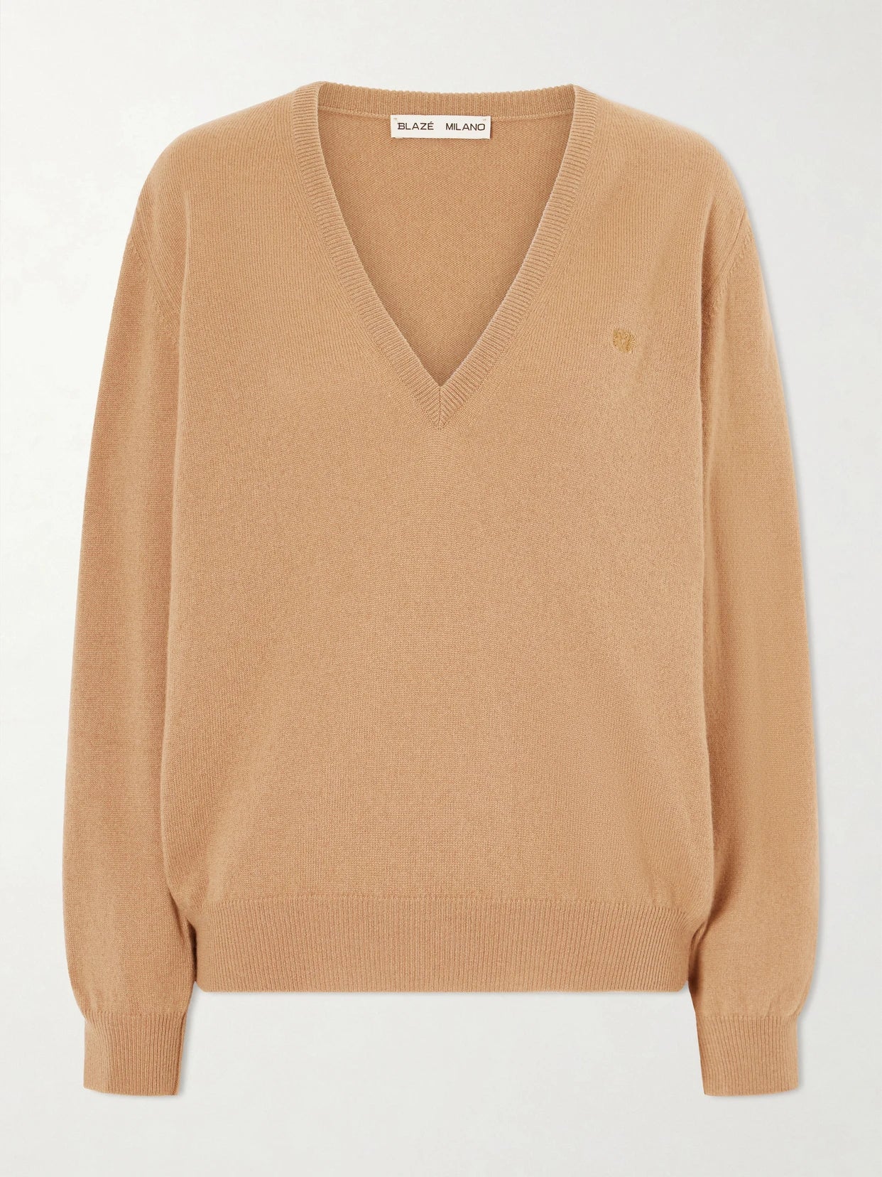 Image of a model wearing Outerwear. Product name - Highland Embroidered Wool And Cashmere-blend Sweater in Camel colour by brand - BLAZÉ Milano