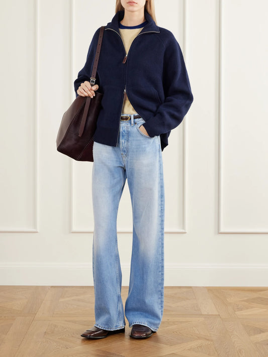 Image of Coats & Jackets. Product name - Rib-trimmed Felted Wool And Cashmere-blend Jacket in Navy, Pastel yellow colour by brand - Guest In Residence
