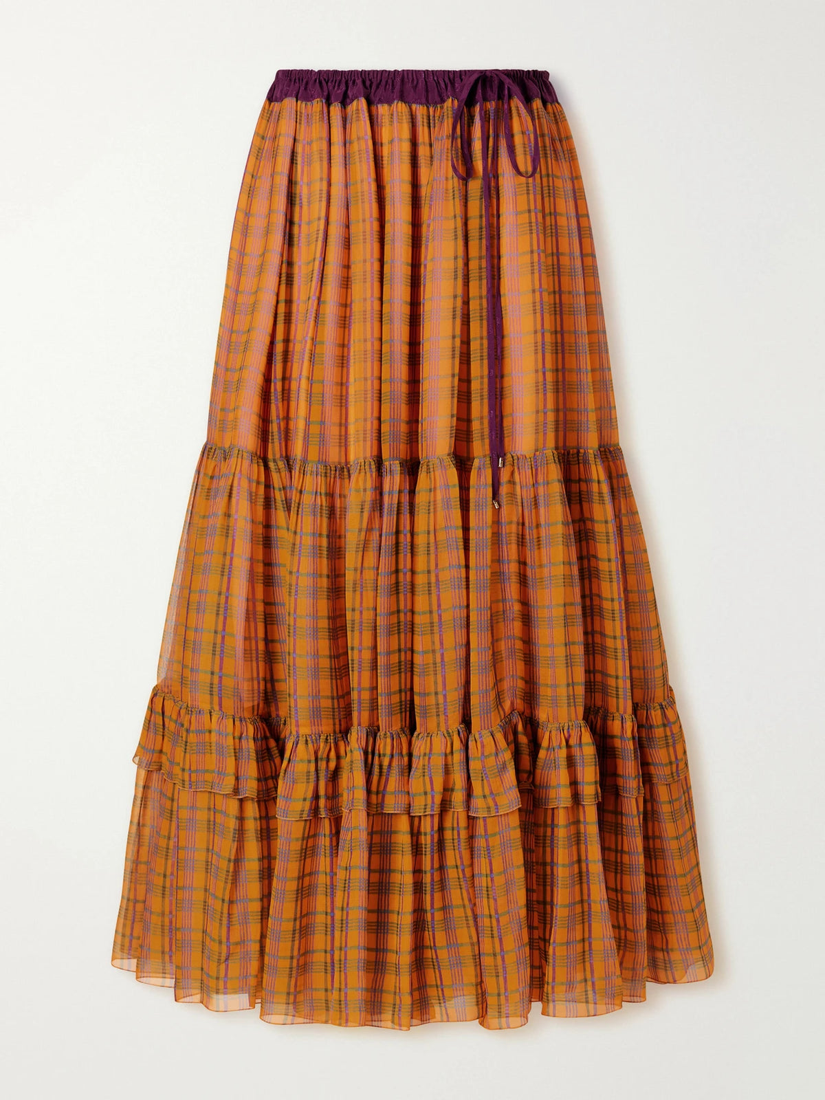 Chloé Ruffled Tiered Checked Silk-mousseline Midi Skirt