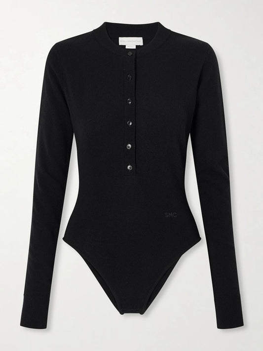 Image of a model wearing Tops. Product name - Wool Bodysuit in Black colour by brand - Stella McCartney