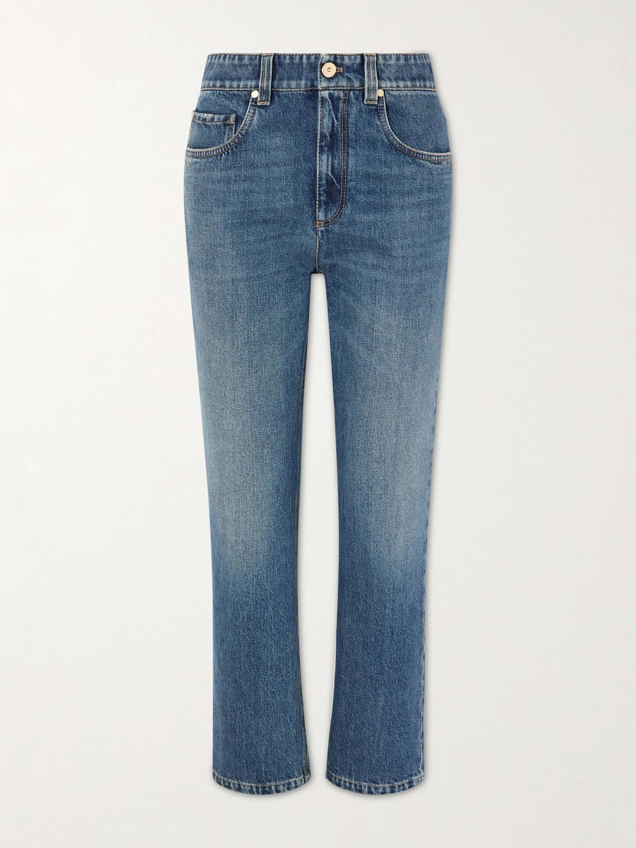 Image of Jeans. Product name - Cropped Bead-embellished Straight-leg Jeans in Light denim colour by brand - Brunello Cucinelli