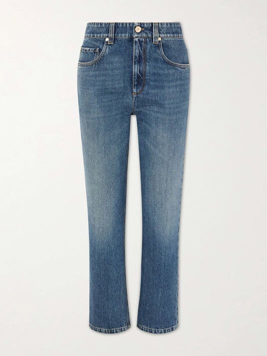 Image of Jeans. Product name - Cropped Bead-embellished Straight-leg Jeans in Light denim colour by brand - Brunello Cucinelli