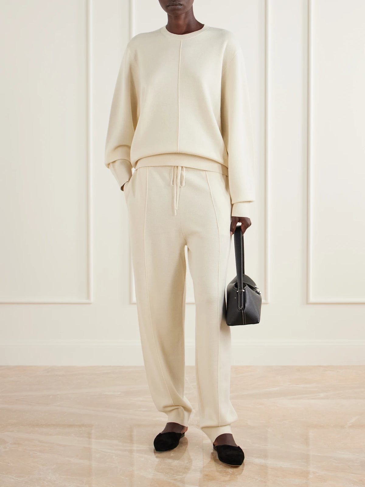 Image of Sleepwear & Loungewear. Product name - Pintucked Knitted Sweatshirt in Cream colour by brand - TOTEME