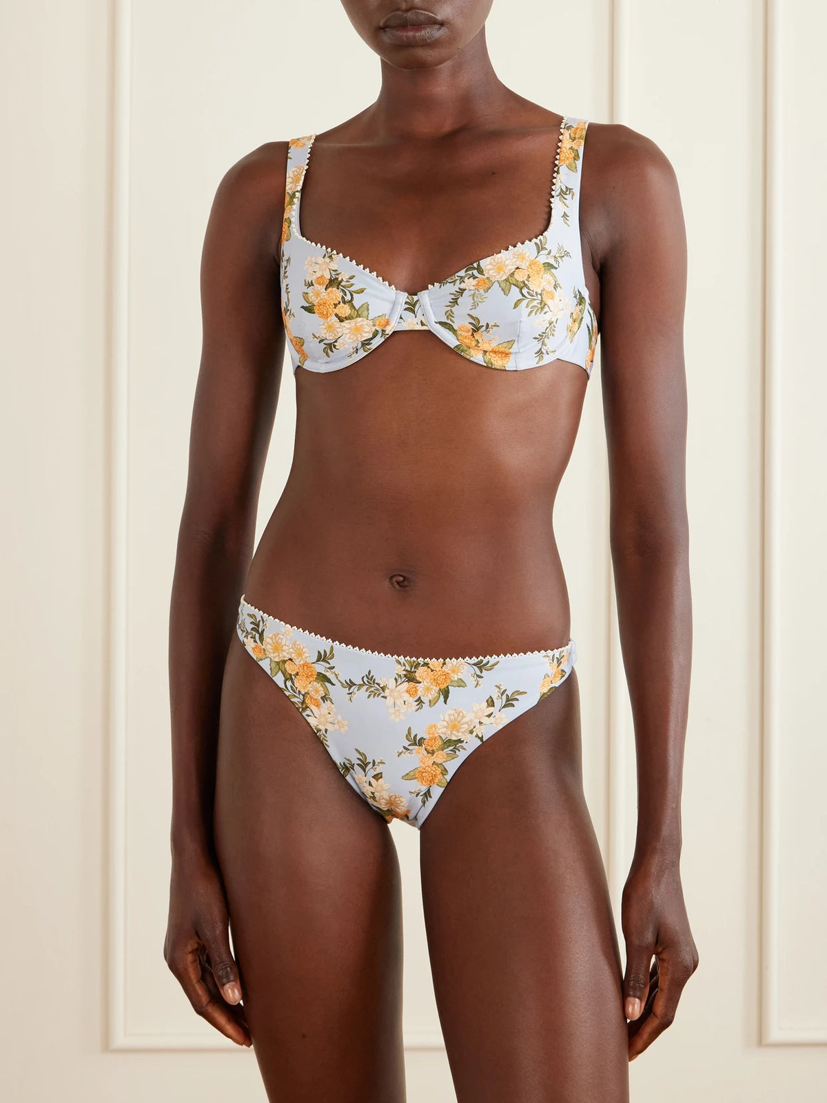 Image of Swimwear. Product name - Hacienda Valle Pearl-embellished Floral-print Bikini Top in Blue colour by brand - Agua by Agua Bendita