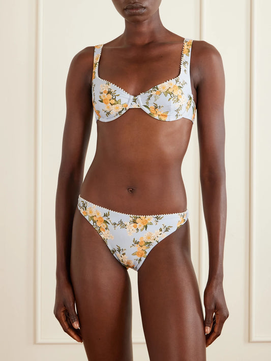 Image of Swimwear. Product name - Hacienda Valle Pearl-embellished Floral-print Bikini Top in Blue colour by brand - Agua by Agua Bendita