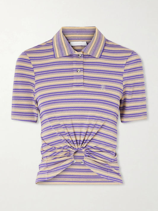 Embellished Striped Woven Polo Shirt