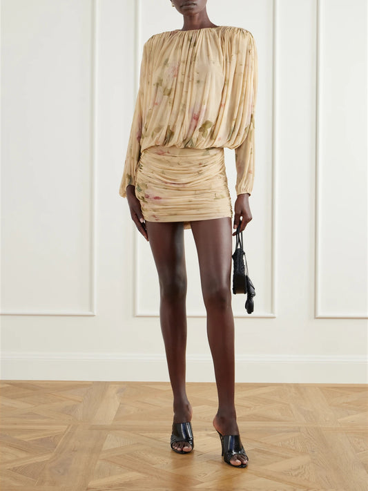 Image of Dresses. Product name - Gathered Floral-print Georgette Mini Dress in Multi colour by brand - Magda Butrym