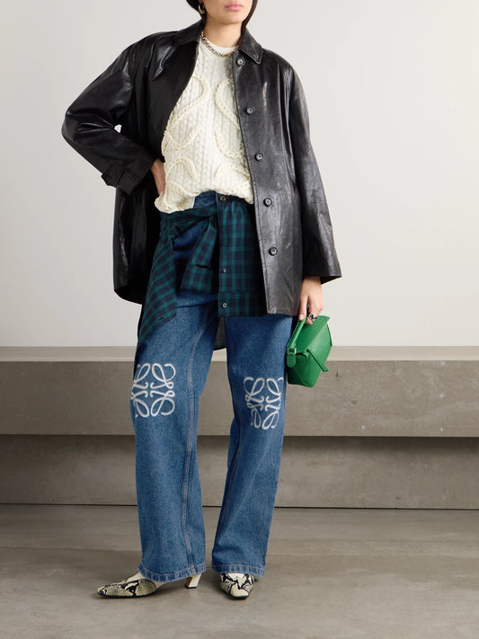 Image of Jeans. Product name - Anagram Appliquéd High-rise Wide-leg Jeans in Mid denim colour by brand - LOEWE