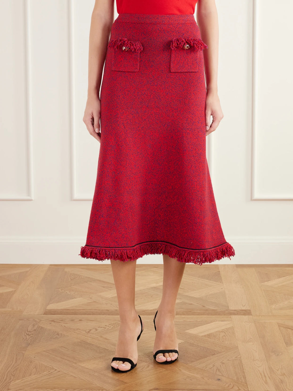 Self-Portrait Frayed Bouclé-knit Midi Skirt