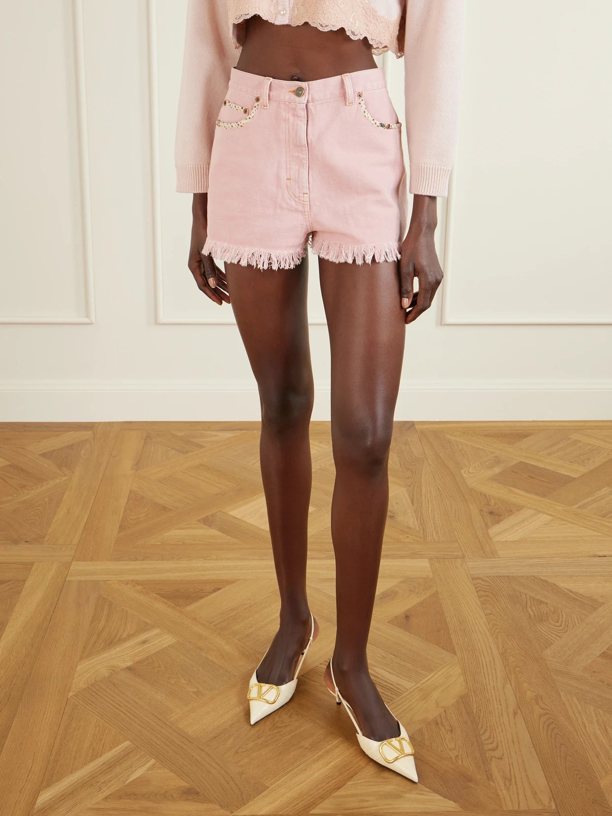Frayed Embellished Cotton And Linen-blend Denim Shorts