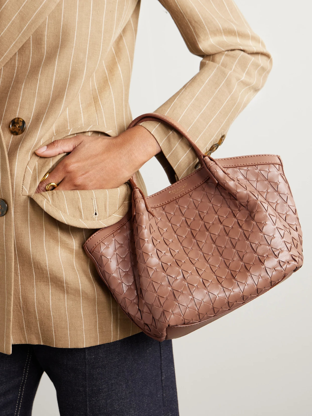 Image of Bags. Product name - Secret Mini Woven Leather Shoulder Bag in Tan colour by brand - Serapian