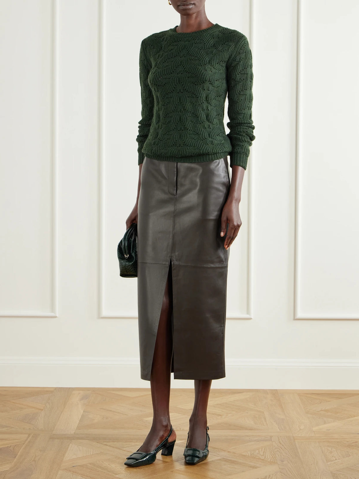Image of Heels. Product name - Belle Vivier 45 Croc-effect Leather Slingback Pumps in Dark green colour by brand - Roger Vivier