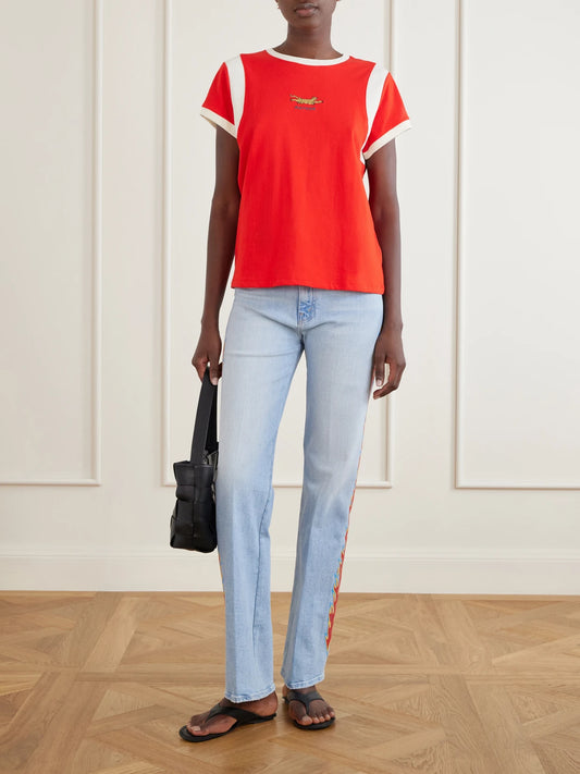 Image of a model wearing Tops. Product name - The Boxy Goodie Paneled Embroidered Cotton-jersey T-shirt in Multi colour by brand - Mother