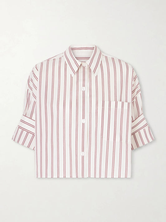 Image of a model wearing Tops. Product name - Next Ex Cropped Striped Cotton And Silk-blend Shirt in Multi colour by brand - TWP