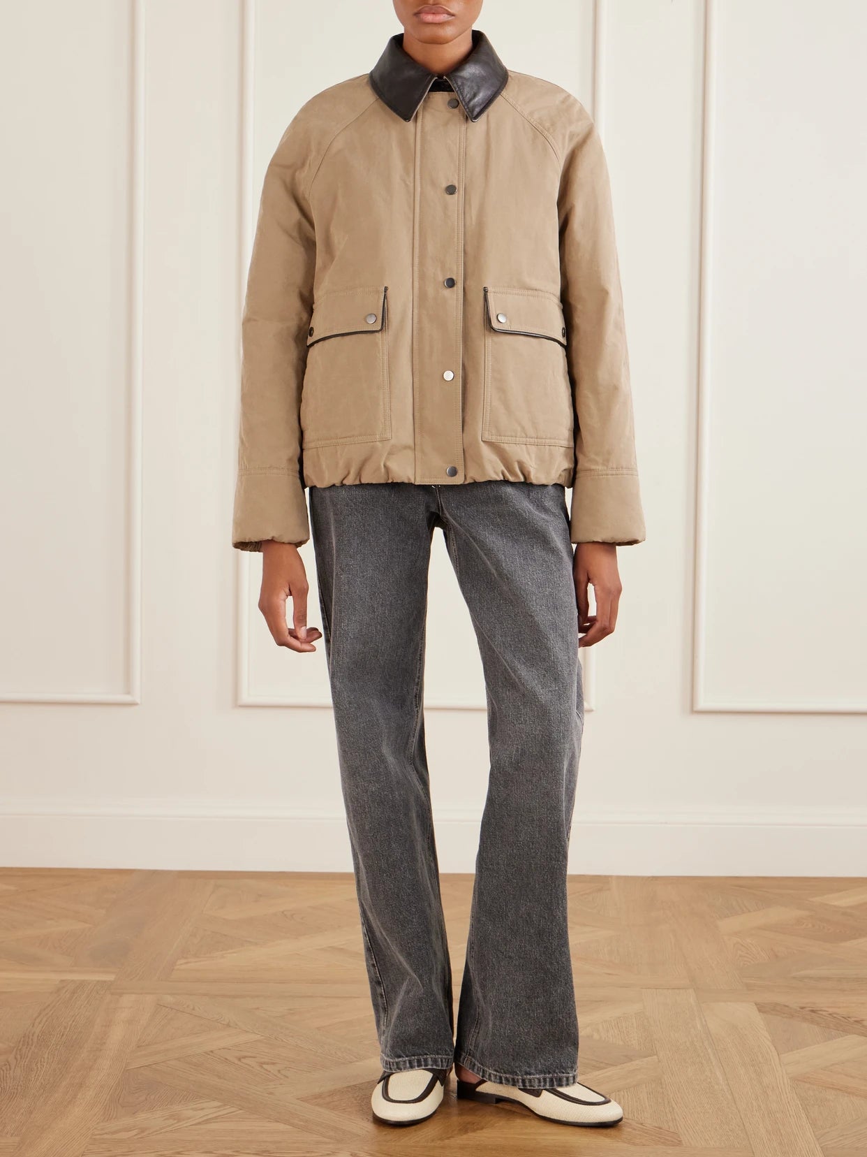 Image of Coats & Jackets. Product name - Leather-trimmed Padded Canvas Jacket in Brown colour by brand - Brunello Cucinelli