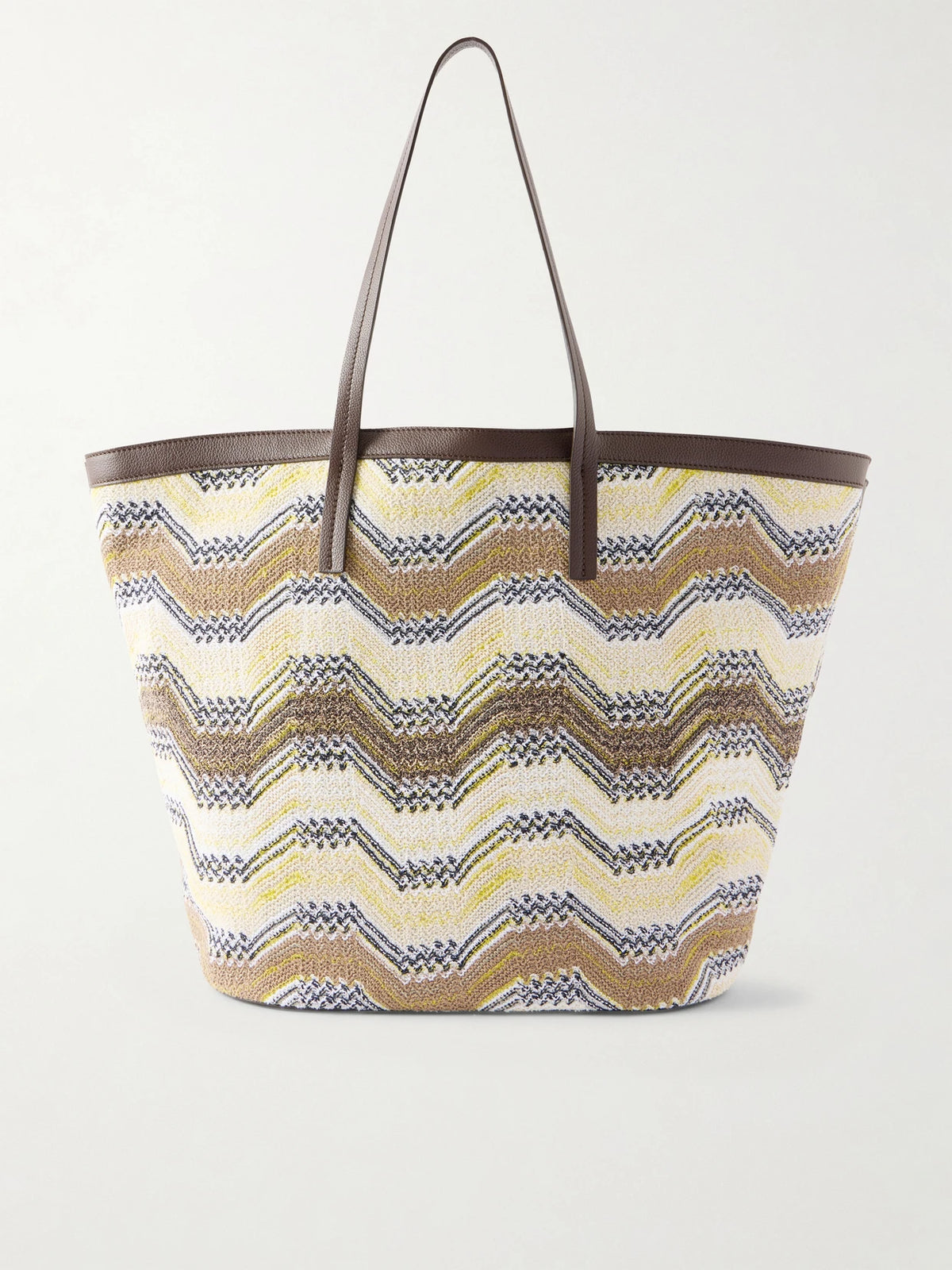 Leather-trimmed Striped Woven Tote