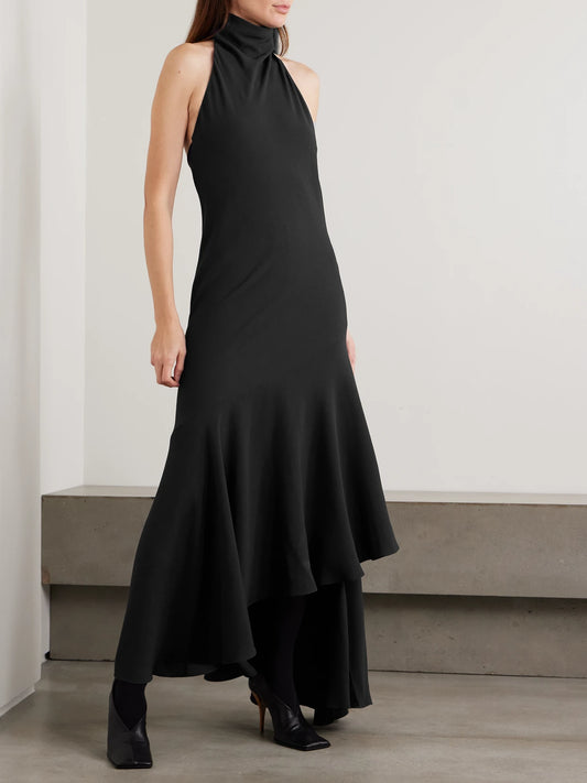 Image of Dresses. Product name - Open-back Asymmetric Ribbed Wool Maxi Dress in Black colour by brand - Alaïa