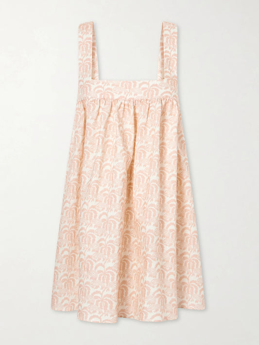 Image of Dresses. Product name - Babydoll Printed Linen And Cotton-blend Mini Dress in Pink colour by brand - Matteau
