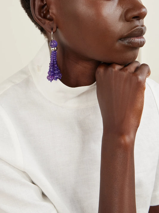 Image of Earrings. Product name - Venice Opera Tasseled Sterling Silver Amerthyst Earrings in Purple colour by brand - Le Sundial